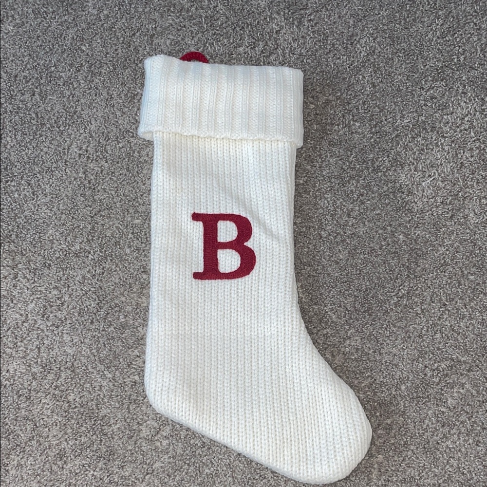White Knit Christmas Stocking with Red B Initial